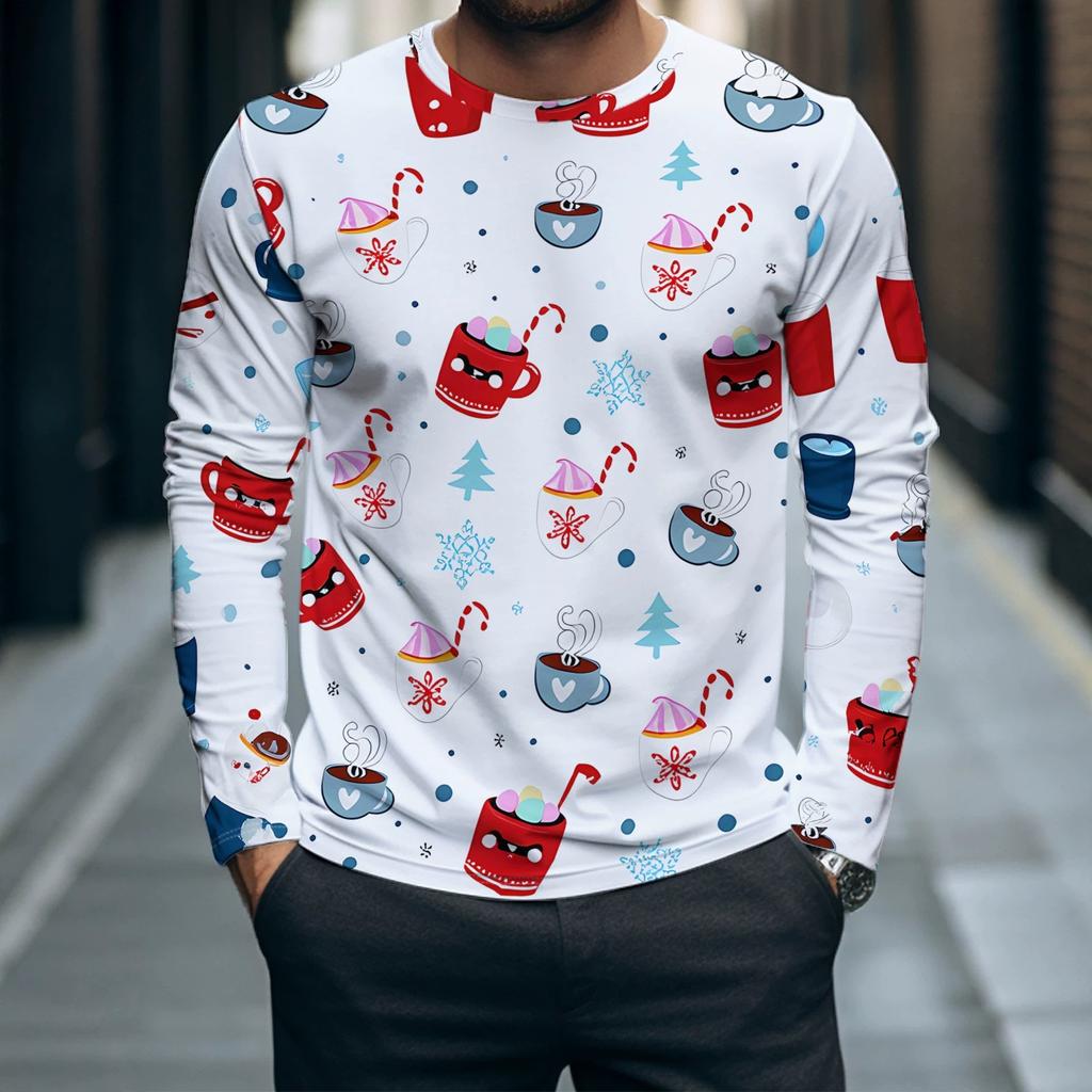 Autumn and Winter Men's 3D Printed Crew Neck Long Sleeve T-Shirt Christmas Dress