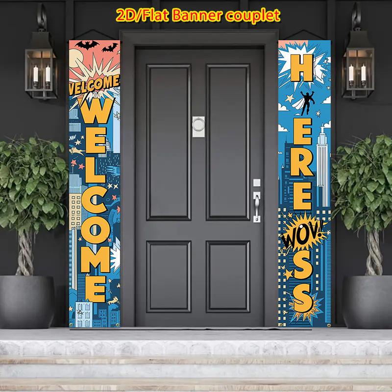 2D Flat, 2D Flat - 2D Flat, 2D Flat - 2pcs 2D Plane Banner Couplet Decoration, Welcoming Heroes for a Fun Superhero-Themed Party, Suitable for Indoor