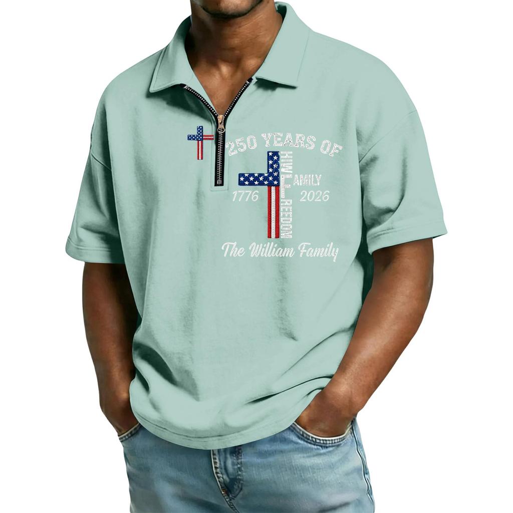 Men’s Short Sleeve Polo Shirt with Zipper Collar and Printed Cross Pattern Casual Soft Comfortable Top for Everyday Wear