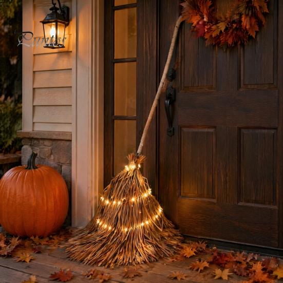 Rustic Farmhouse Fall Decorations 5.5 Ft Giant Light-up Witch Broom, Vintage Twig Broom with String Light, Charming Themed Party Supplies Decoration