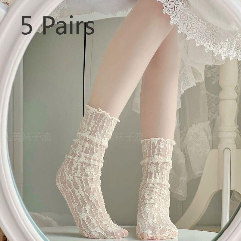 

5 Pairs of Women s Summer Thin Pure Color Flower Hollow Lace Mesh Breathable Tube Stack Socks 5 Pairs