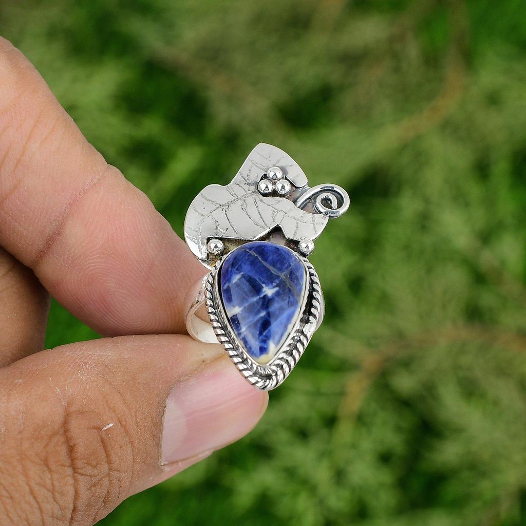 925 Silver Natural Sodalite Wedding Multi Stone Anniversary Ring Jewelry Size 7
