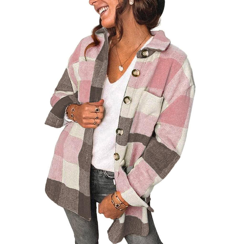 Women's Plaid Shirts Flannel Jacket Long Sleeve Button Shirts Coat Casual Coat Women