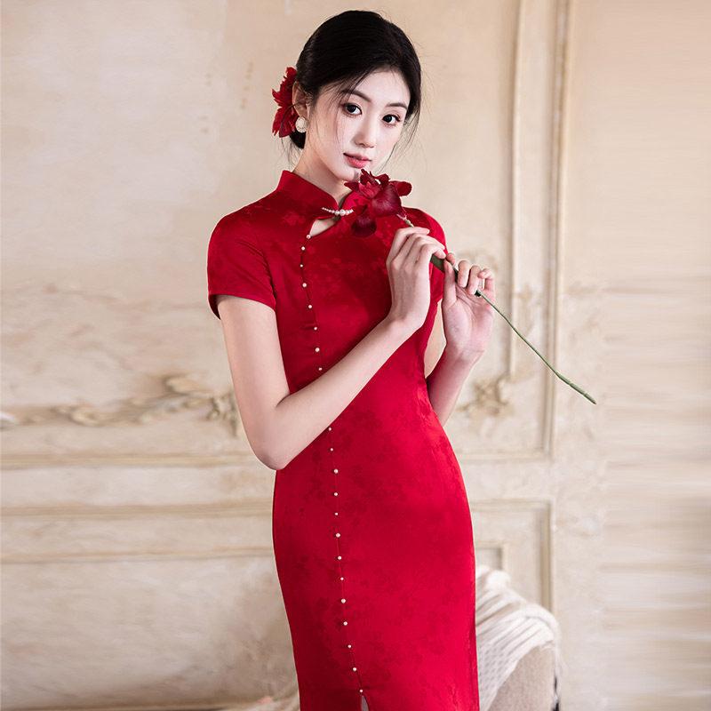 Red national style new Chinese long improved cheongsam 1011 new women's high-end bridal toast engagement dress