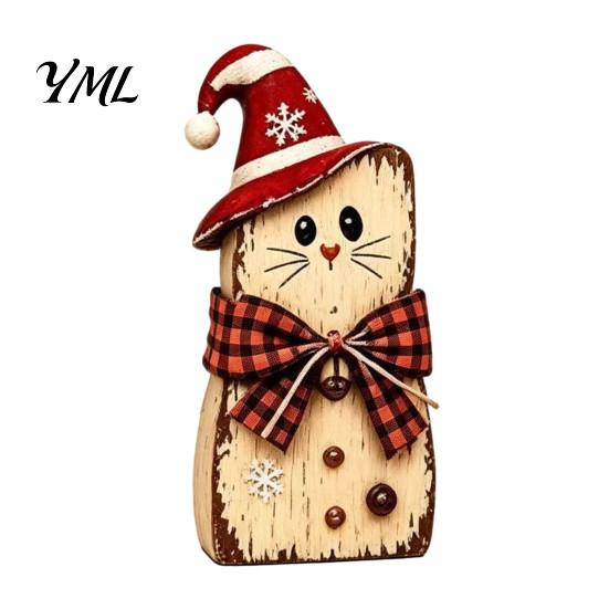 Rustic Holiday Tabletop Decor Christmas Wooden Figurine, Hand Painted Santa Reindeer Cat Decor, Window Display Props Wood Statues for Mantel,