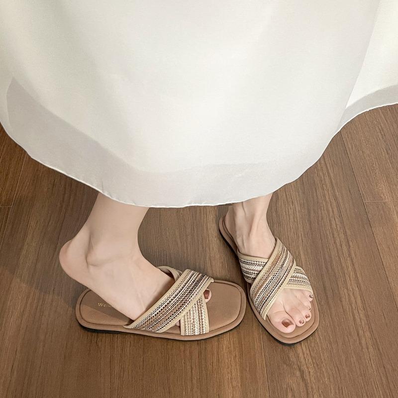 Ретро Обувь Плоская Тканая Обувь с Перекрестными Ремешками Женские Летние Сандалии и Тапочки 35 абрикосовый