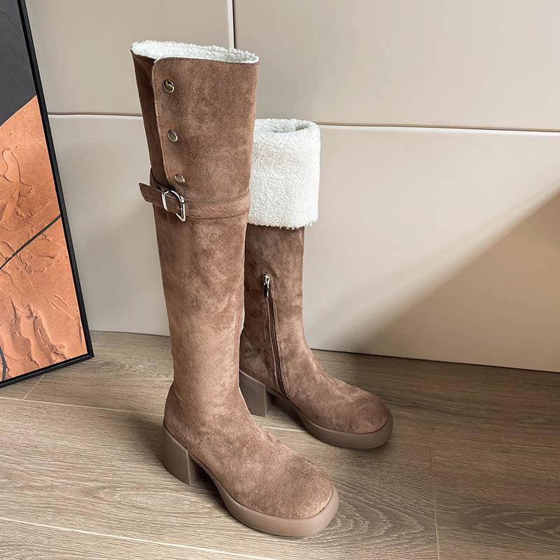 ! Over-knee boots women's winter new lamb wool elastic boots boots thick high-heeled boots