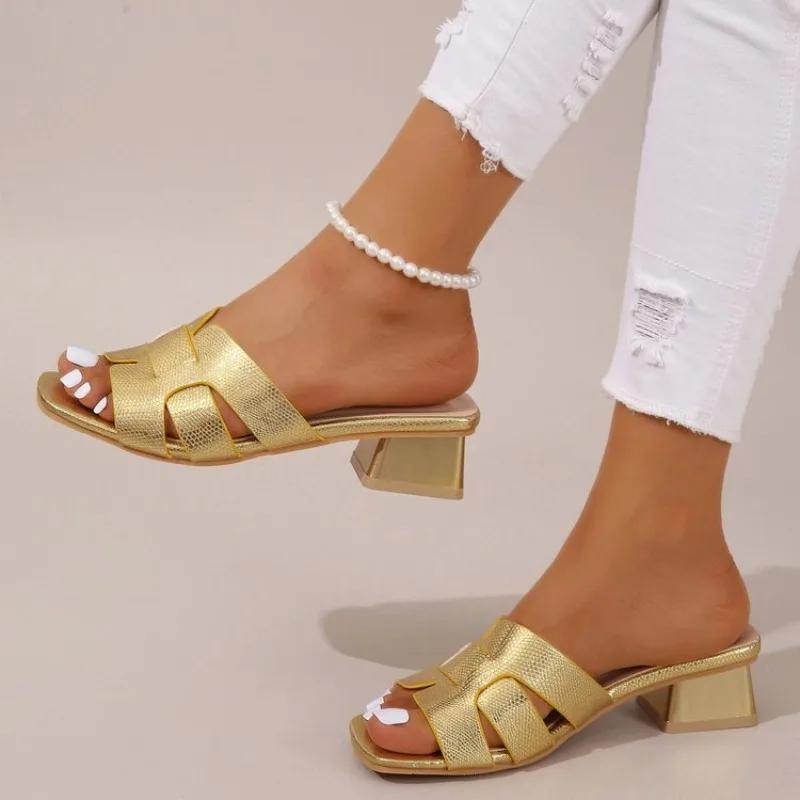 Women's Chunky Heeled Sandals, Fashion Square Open Toe Slip On Heels, Elegant Wedding White Sandals