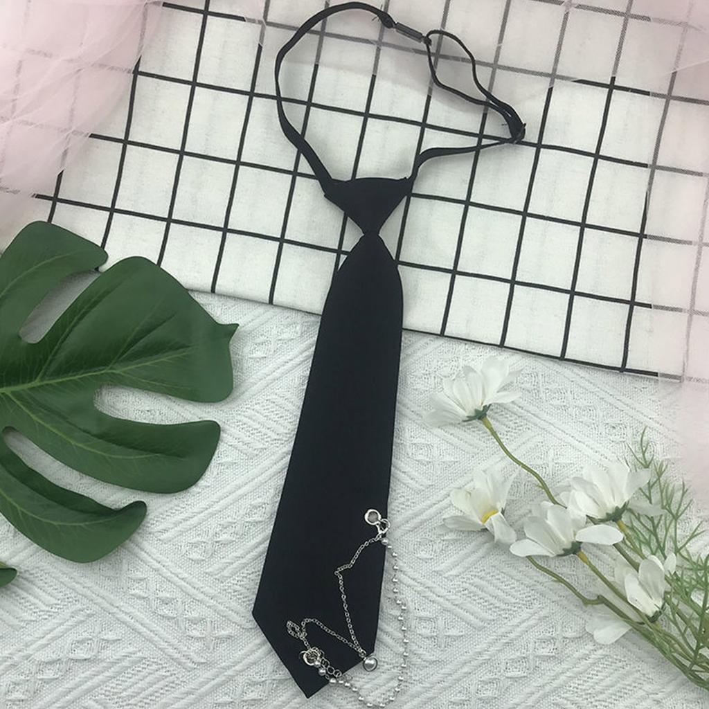 Japanese Gothic Black Neck Tie with Metal Chain Tassel School Student Pre-Tied Adjustable Necktie for Uniforms