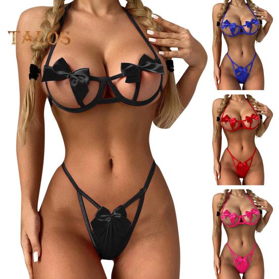 2 Pcs/Set Women Underwear Set Bow Decor Hollow Out Three-point Lace-up Halter Neck Honeymoon Bedroom Bra G-string Set High Waist Revealing Thong