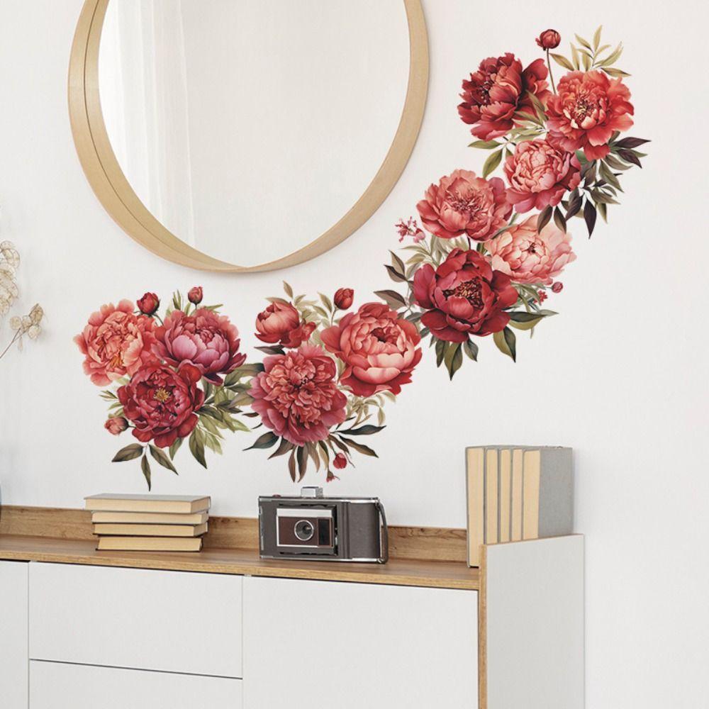 PVC Flower Wall Stickers Removable Red Peony Rose Peel and Stick  Bedroom