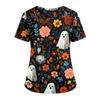 Women V Neck Short Sleeve Scrub Top with Pockets Side Slit Halloween Print Floral Pattern Nurse Uniform Shirt