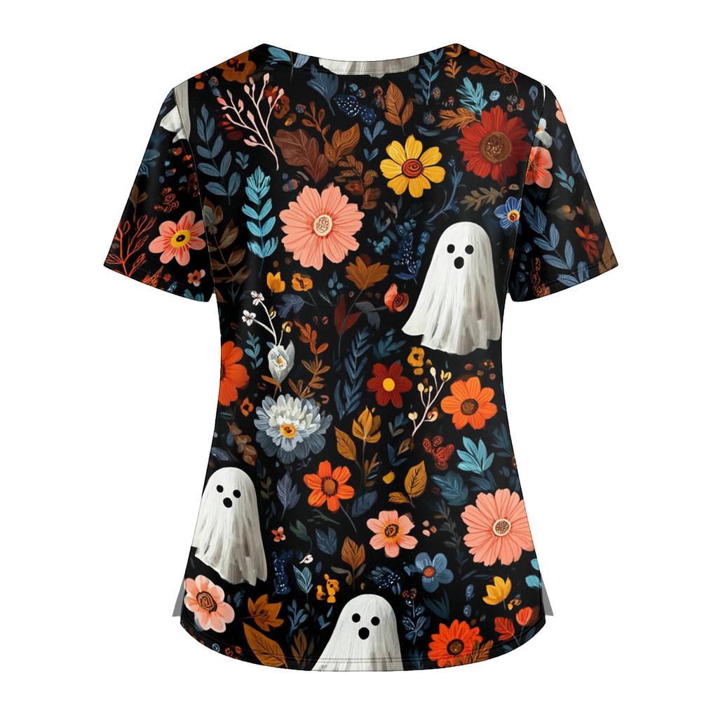 Women V Neck Short Sleeve Scrub Top with Pockets Side Slit Halloween Print Floral Pattern Nurse Uniform Shirt