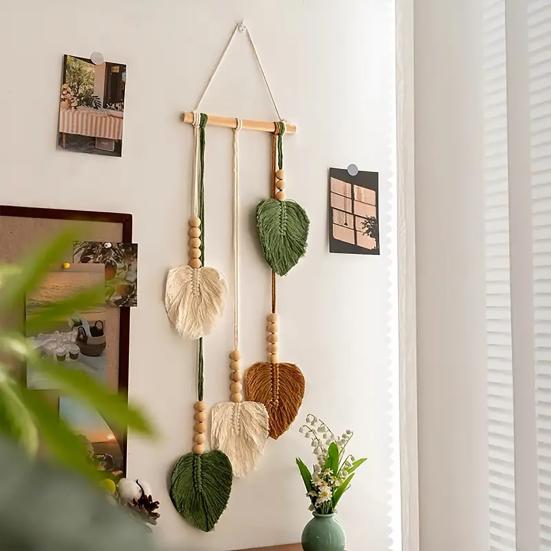 Handmade Bohemian Hanging Tapestry, Wooden Beads Woven Cotton Rope Leaf Tapestry, Living Room Bedroom Wall Art Decoration