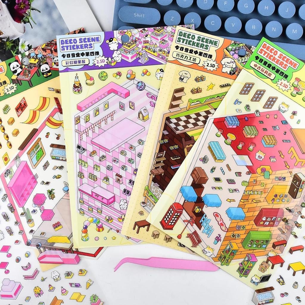 Conjunto de 4 Adesivos DIY 3D para Mini Casa de Hobby com Crie Seu Próprio Pote Brinquedo Loja de Doces Fábrica de Chocolate Cena Mini Quarto Adesivos Artesanais para Estresse