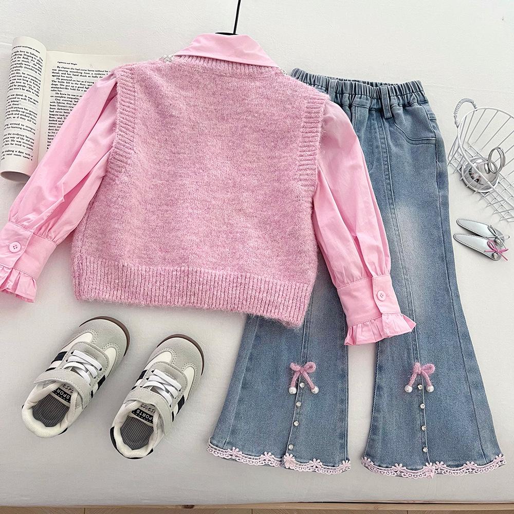 2025 Girls' Trendy Pink Vest, Shirt & Flared Jeans Knitwear Set for Spring & Autumn