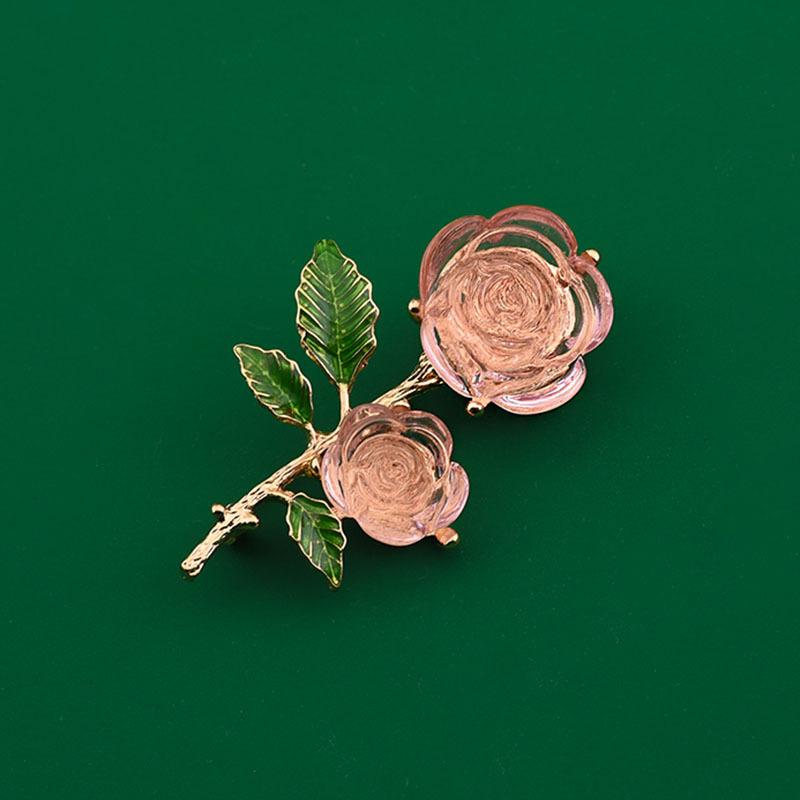 

Pink Rose Brooch for Women - 5-Petal Pin with Golden-Tone Leaves & Dark Green Stem, Non-Slip Collar Pin for Blouses, Dresses, Jackets - Elegant Year-R