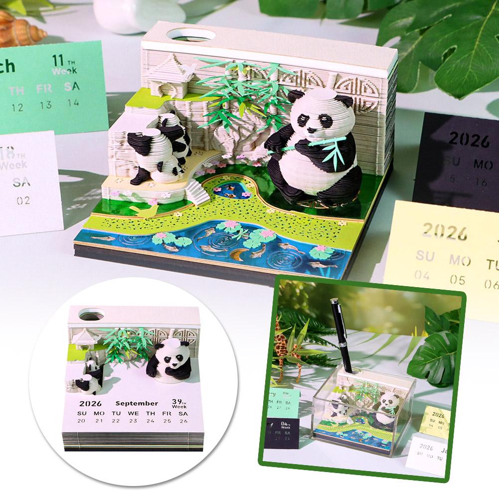 3D Zeitstück Kalender 2026 Panda Schreibtischkalender Dekoration mit Acrylhülle, Papier Skulptur Antihaft Notizen, Papier Schnitzkunst