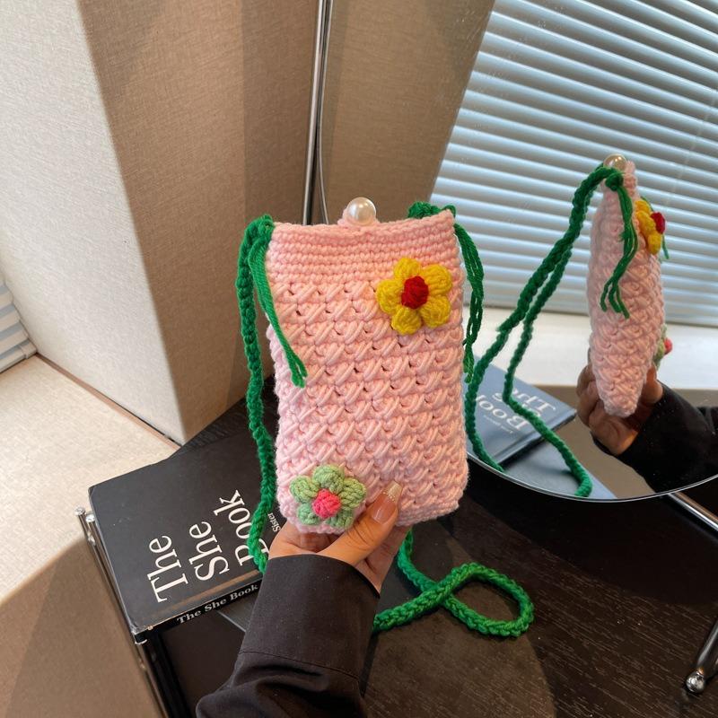 Spring and Summer Flower Mini Mobile Phone Bag Trendy Small Square Bag Wool Woven Knitted Messenger Bag Crochet Key Bag