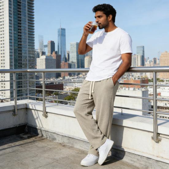 Herren Casual Baggy Hose Unifarbene Weite Hosen Lockerer Schnitt Kordelzug Taille Gerade Jogginghose für Sport Straße