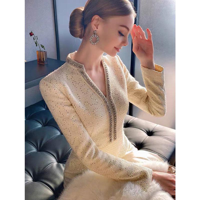

Autumn/Winter Celebrity Style V-Neck Slim Tweed Dress for Women S