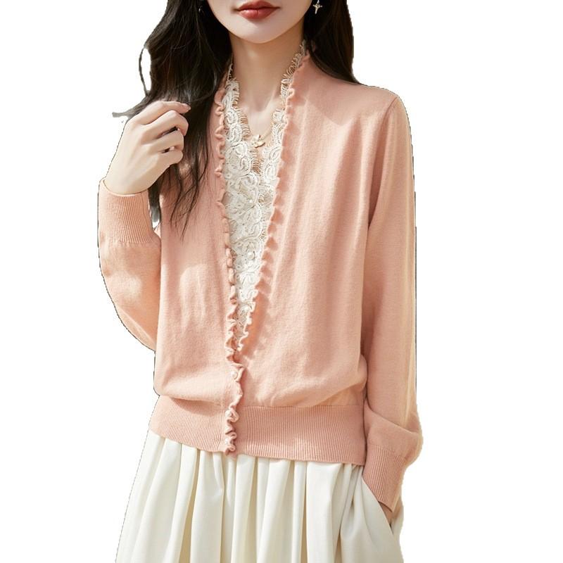 Lace Splicing Fake Two-Piece Knitted Cardigan Women'S New Worsted Wool Long-Sleeved Warm Backing Sweater Top