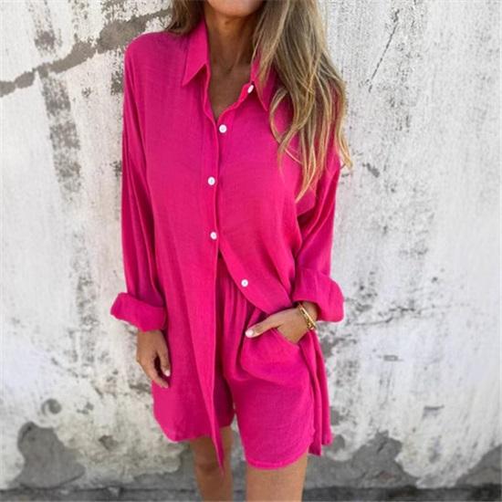 

Женский костюм с шортами, повседневный однотонный комплект из хлопка и льна с длинными рукавами и складками, рубашка и шорты XXXL ярко-розовый