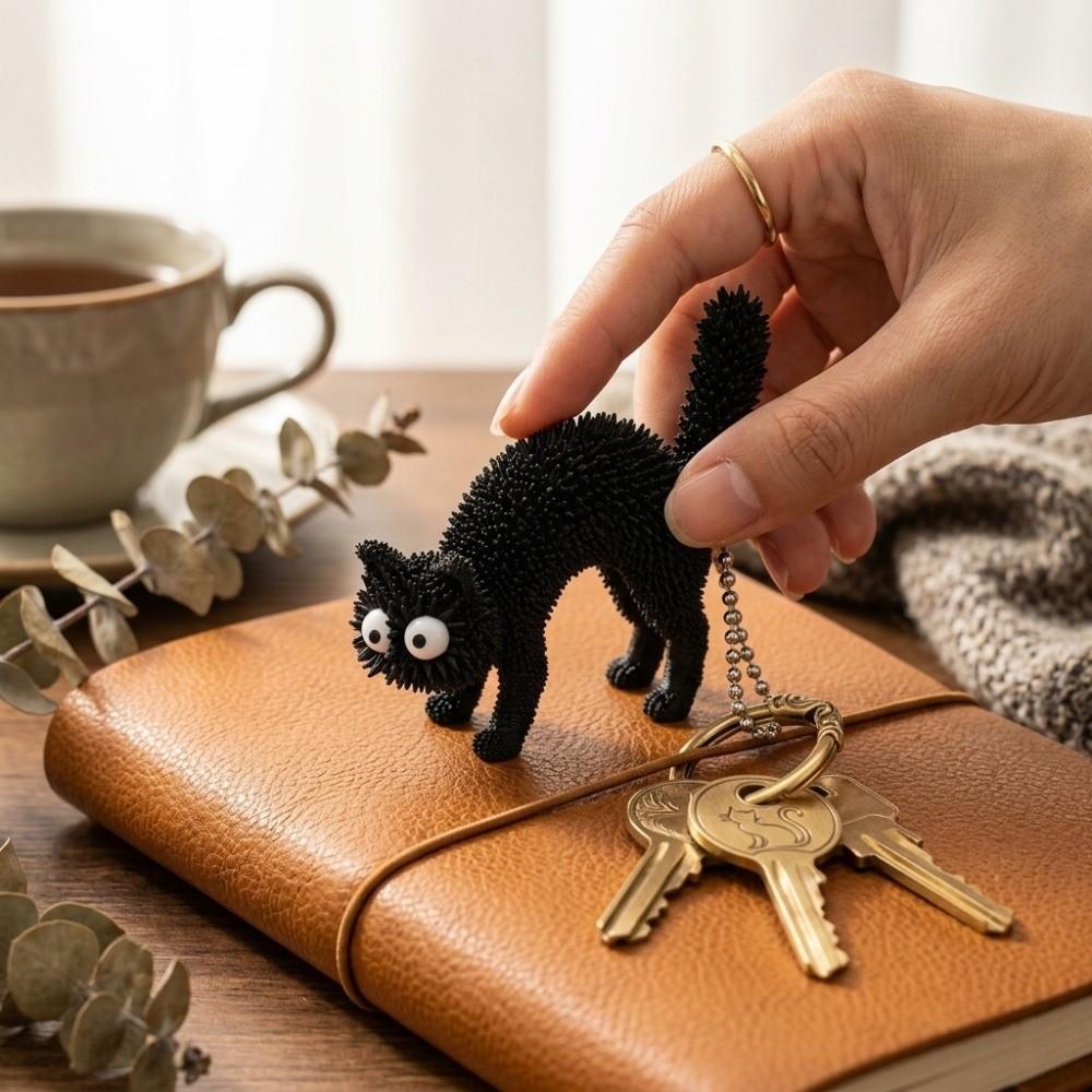 3D Printed Spiky Cat Keychain Stereo Tactile Fidget Grip Toy Black Cat Keychain Cat Lovers