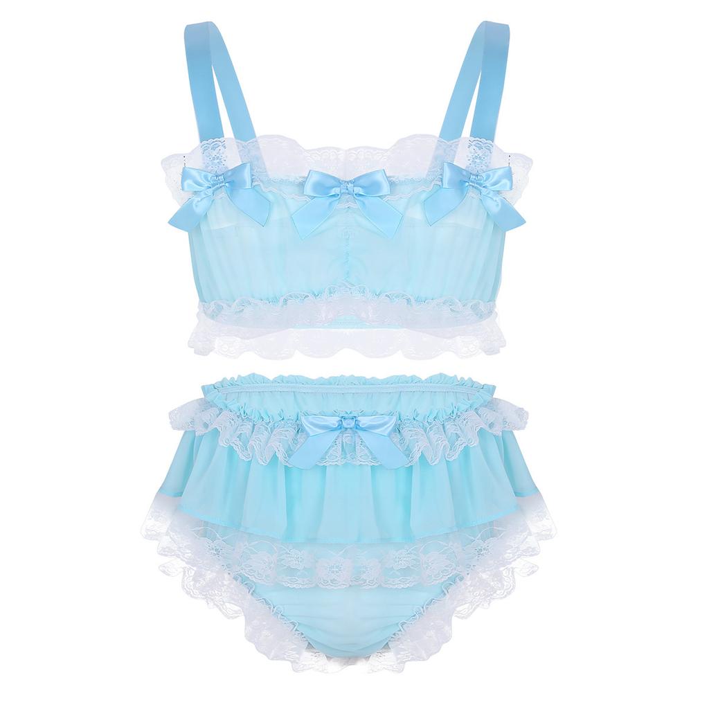 2Pcs Mens Ruffled Lace Sheer Chiffon Sissy Lingerie Set Bra Top with Skirted Petticoated Panties