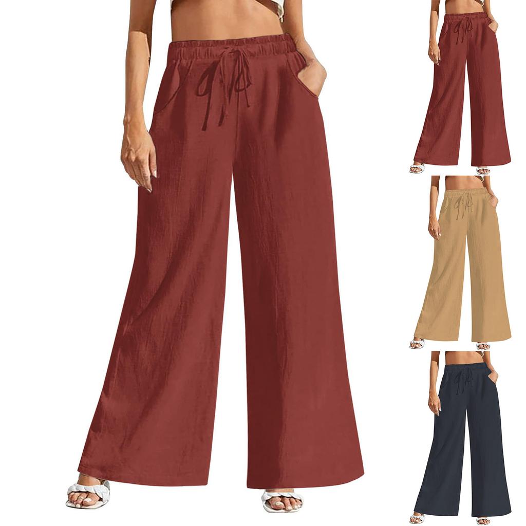Linen Casual Wide Leg Pants For Women Elastic Waist Versatile Business Casual Work Palazzo Trousers With Pockets