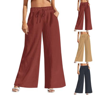 Linen Casual Wide Leg Pants For Women Elastic Waist Versatile Business Casual Work Palazzo Trousers With Pockets