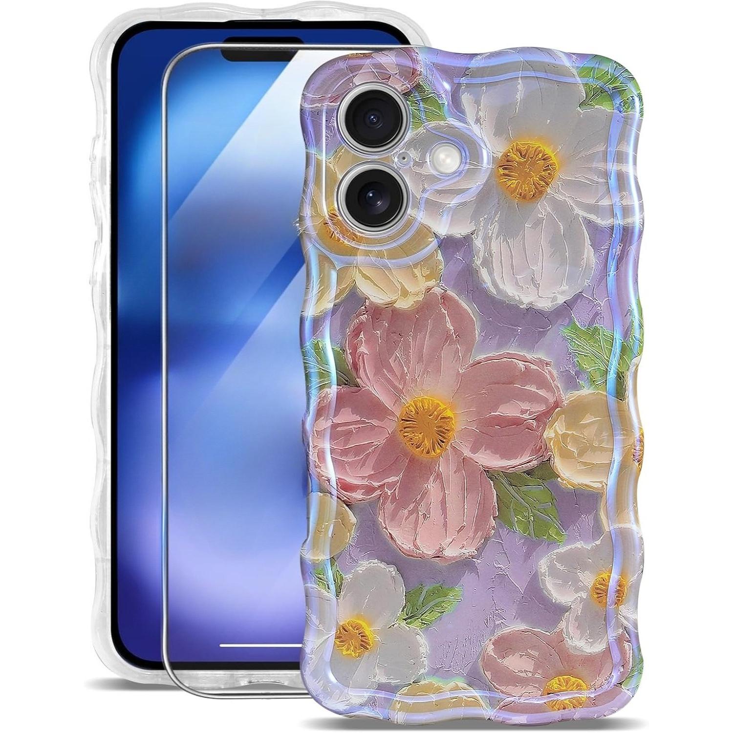 

1 Защитная пленка + 1 Чехол для телефона для iPhone 16 Pro Max 17 Air 15 14 Plus 13 12 11 16e Волновой бампер Мягкая обложка с красочным принтом цветов масляной краской iPhone 14 Plus фиолетовый