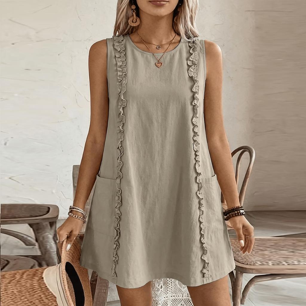 Mini-robe décontractée sans manches à volants avec poches Coupe ample Col rond Été Légère Robe pour femme