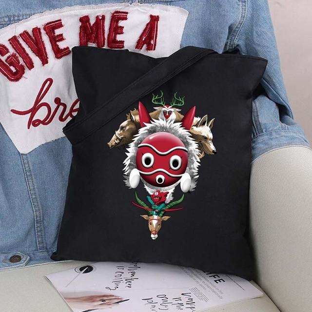 Women Shopping Bags Cute Cartoons Pattern Series Eco Shopper Shoulder Bag Fashion Black Printing Folding Handbag Canvas Tote Bag