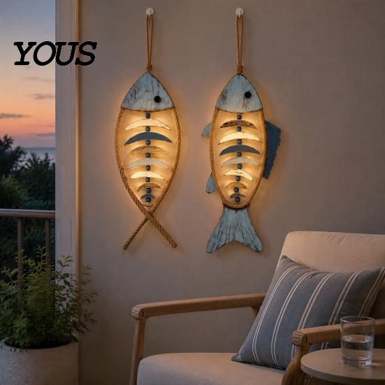 Anti Deformation Window Decoration Wooden Fish Wall Hanging Pendant With/Without LED Light, Nautical Decor, Coastal Theme Fishbone Wear Resistant
