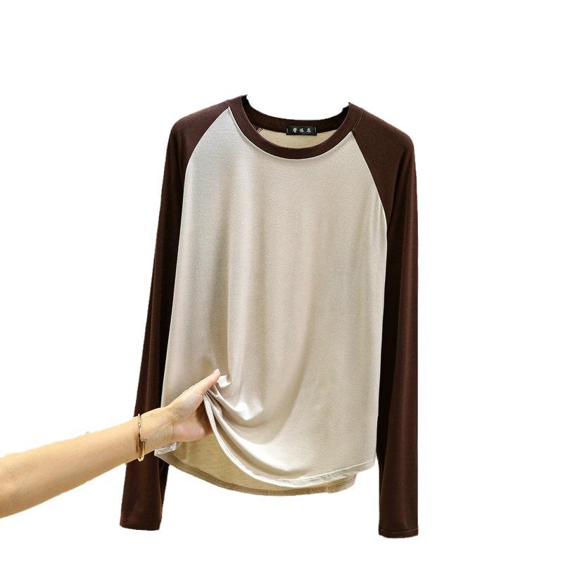2024 Women's Black & White Color Block Raglan Long Sleeve Retro T-Shirt - Spring/Summer Loose & Slimming Base Layer