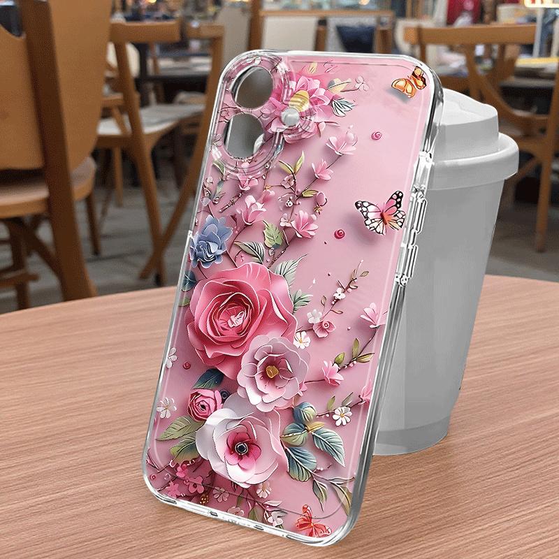 Pink Floral Butterfly Phone Case Suitable for iPhone 17 16 15 14 13 12 11 Pro/Max/Plus Anti Drop and Shockproof Back Cover