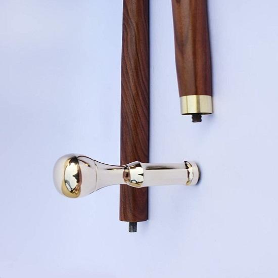 Designer Solid Brass Long Head Handle Walking Stick – Red Wooden Two-Fold Shaft Cane, 90 CM, Best for Gift