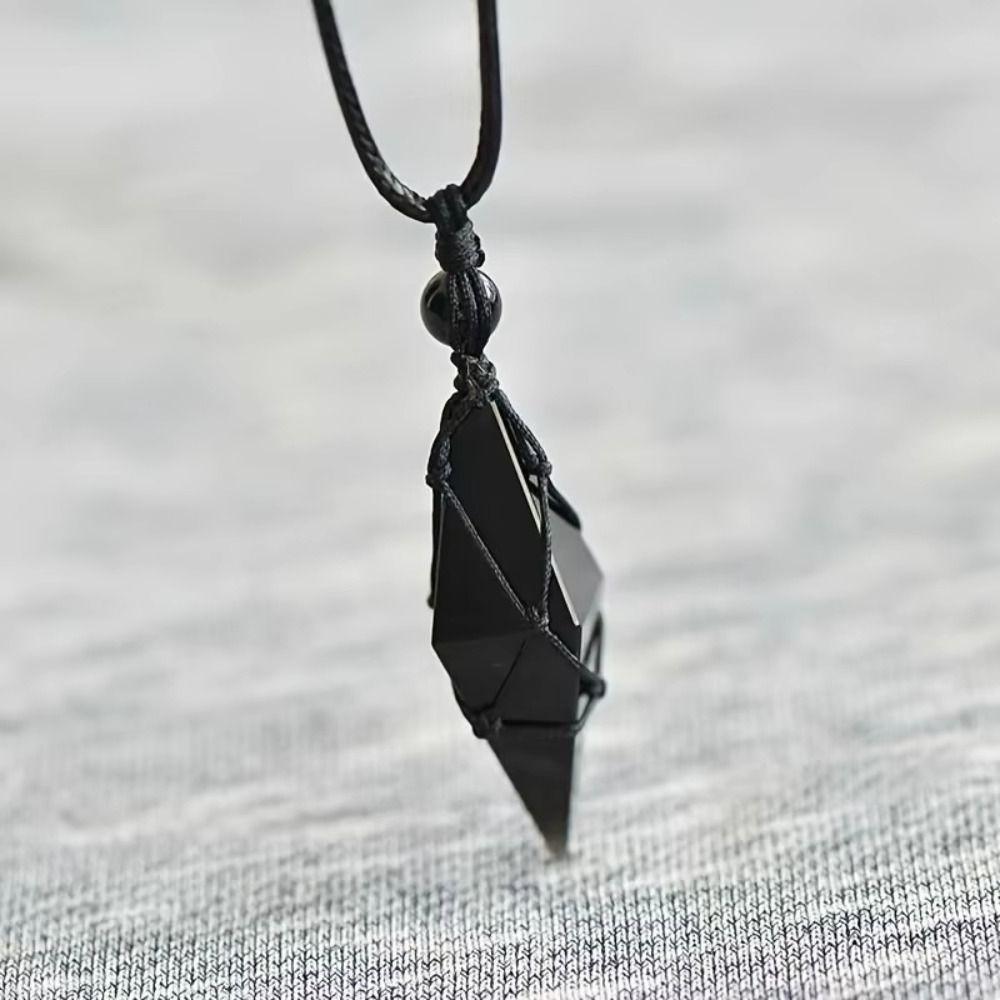 Creative Bohemian Black Stone Necklace Adjustable Rope Handmade Stone Pendant Vintage Geometric Stone Necklace Father's Day Gift
