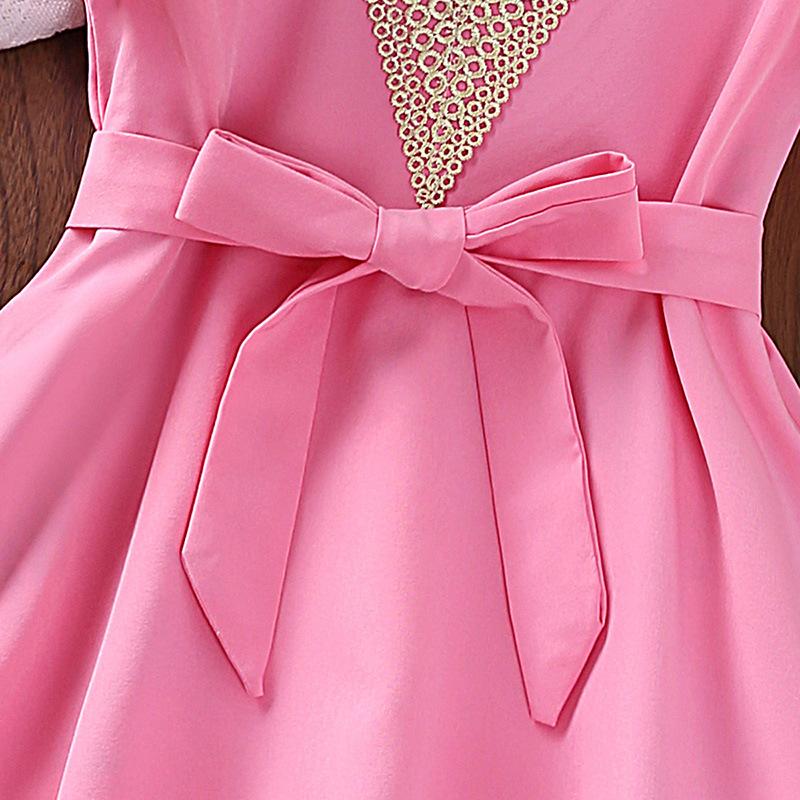 Children'S Clothing European And American Style Girls' Dress New Summer Model With Flutter Sleeves Lace Trim Small V-Neck Princess Dress