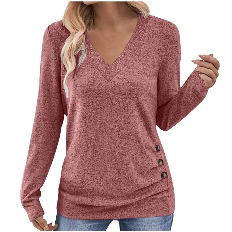 Womens Long Sleeve V Neck Solid Color T Shirt With Buttons Elegant Top