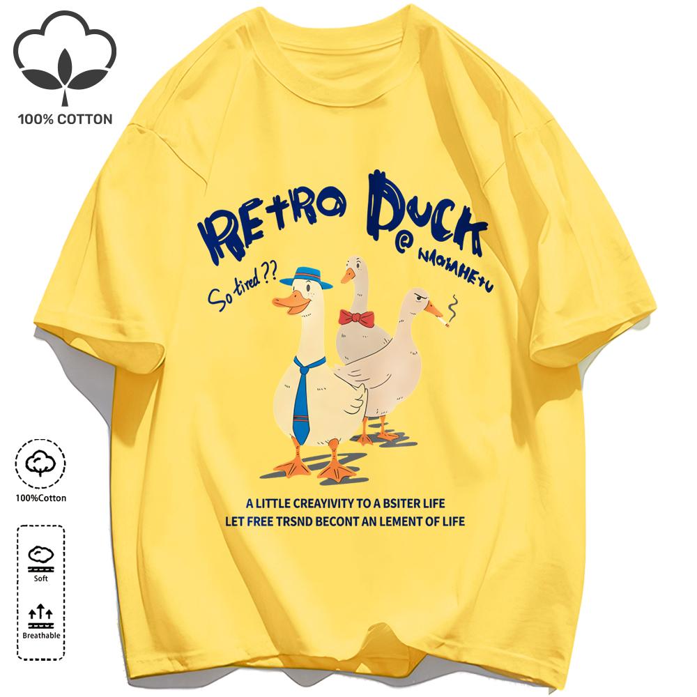 Retro Duck Doesn'T Feel Tired Design T Shirts Unisex Cotton Basics T-Shirt Soft Summer Fashion Tee Unisex O-Neck Loose Retro Top