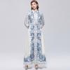 Vintage Print einreihiges figurbetontes Maxikleid für Damen Frühling Herbst Umlegekragen Laternenärmel Elegantes Abendkleid Robes Femme