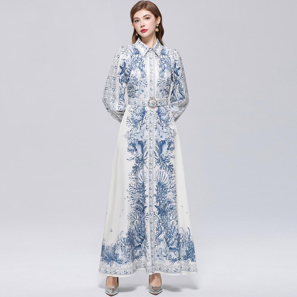 Vintage Print einreihiges figurbetontes Maxikleid für Damen Frühling Herbst Umlegekragen Laternenärmel Elegantes Abendkleid Robes Femme