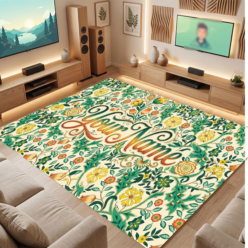 Floral Garden Theme Crystal Velvet Floor Rug Personalized Custom Name Text Warm Carpet Home Decoration