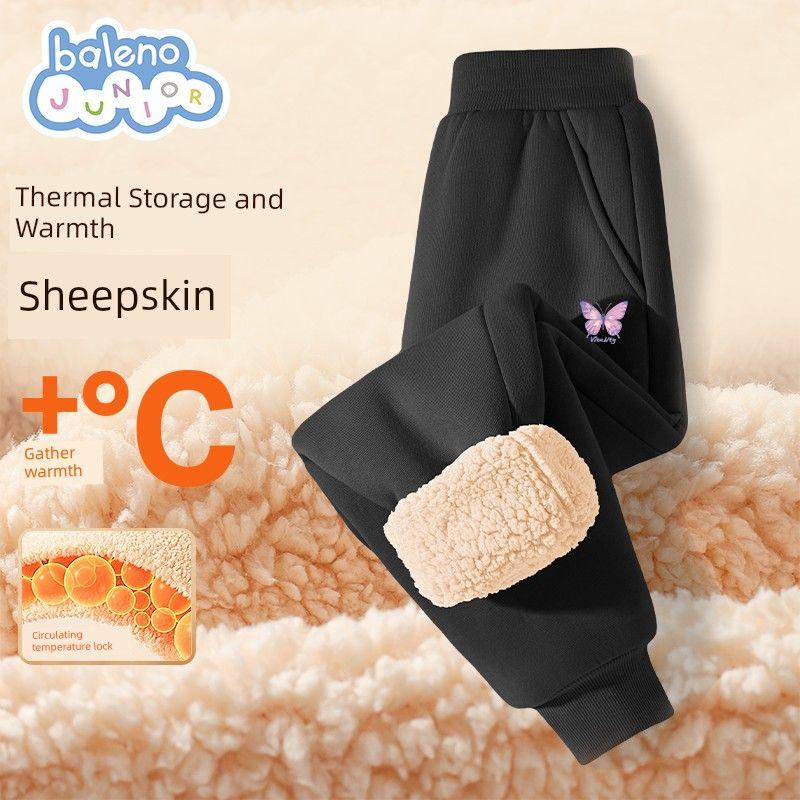 Baleno Kids Girls  Fleece-Lined Pants Autumn/Winter 2026 New Children s Lamb Fleece Cotton Pants Big Kids Long Pants Black#Tb Pink Butterfly K 160