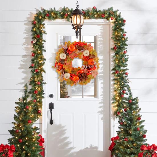 18 Inch Fall Wreath for Front Door Autumn Artificial Wreath with Pumpkin Maple Leaves Berries Pine Cones for Thanksgiving Harvest Indoor Outdoor Home