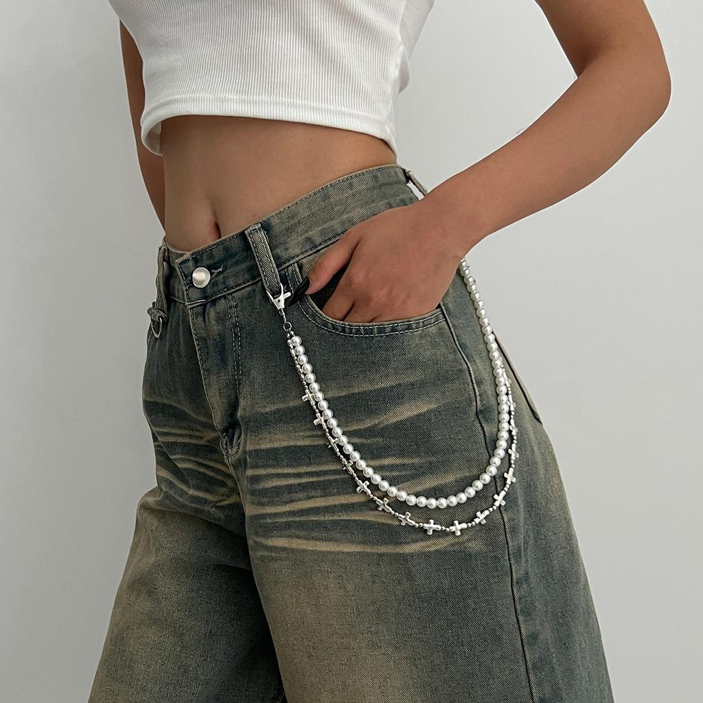 Simple Jewelry Ins Imitation Pearl Beaded Multi-layer Waist, Sweet and Cool Spice Girl Cross Pendant Trouser Chain