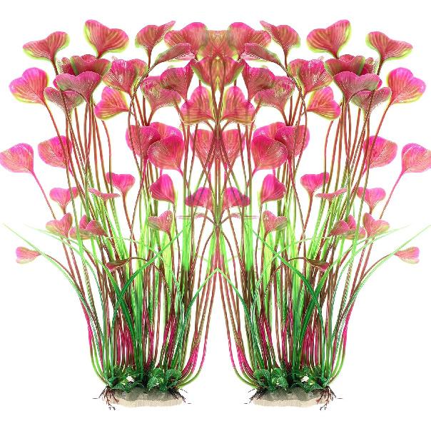 ALEGI Fish Tank Decorations Plastic Plants Large,Aquarium Artificial Plants Decoration Ornament Safe for All Fish-16 inch 2Pcs (Red 2 Pcs)