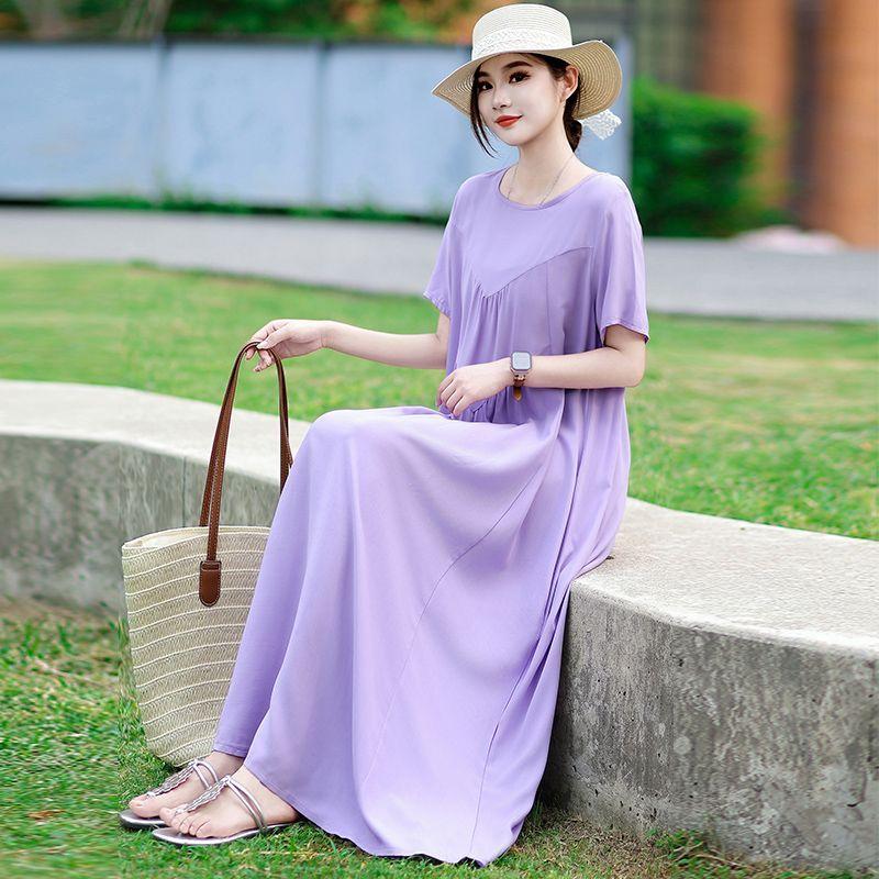 Summer Women's Plus Size Dress Loose Round Neck Floral Dress Soft Skin-friendly Breathable Long Dress